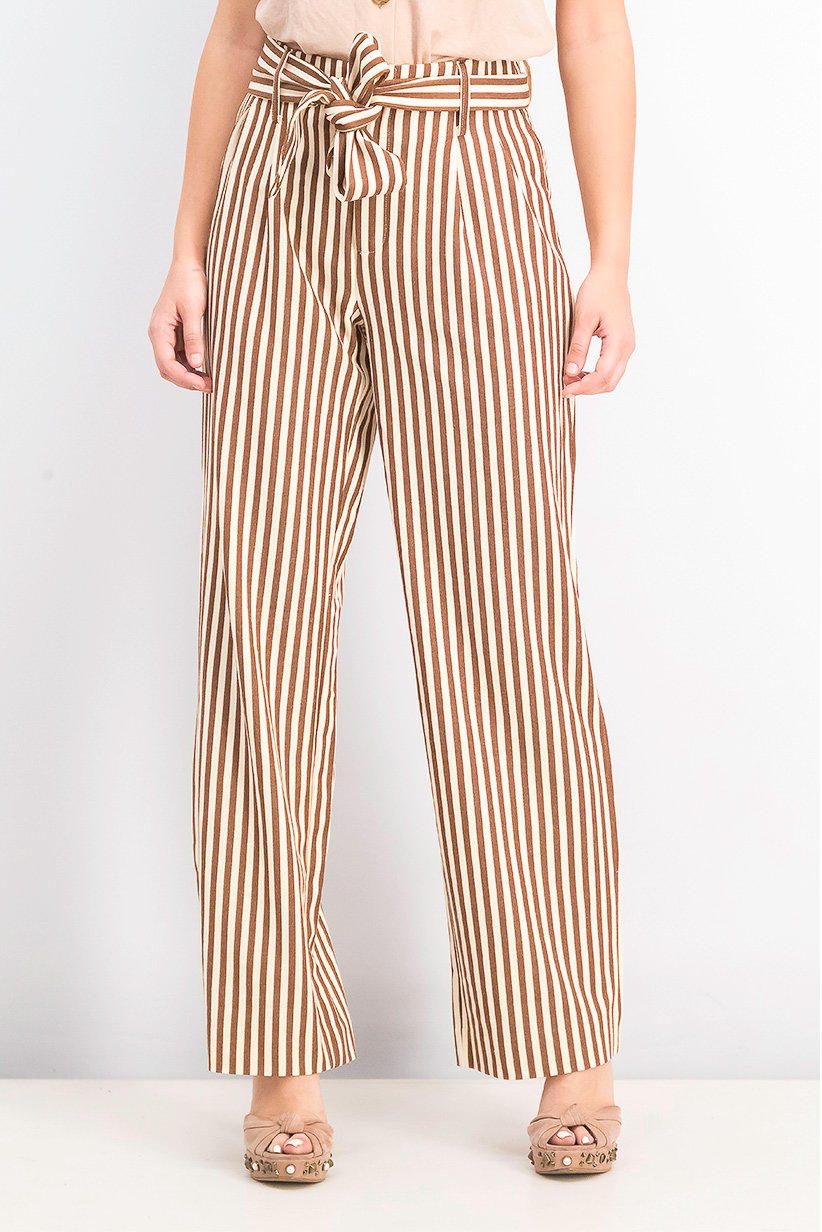 Mango Women Belted Stripe Pants, Brown - Image 1