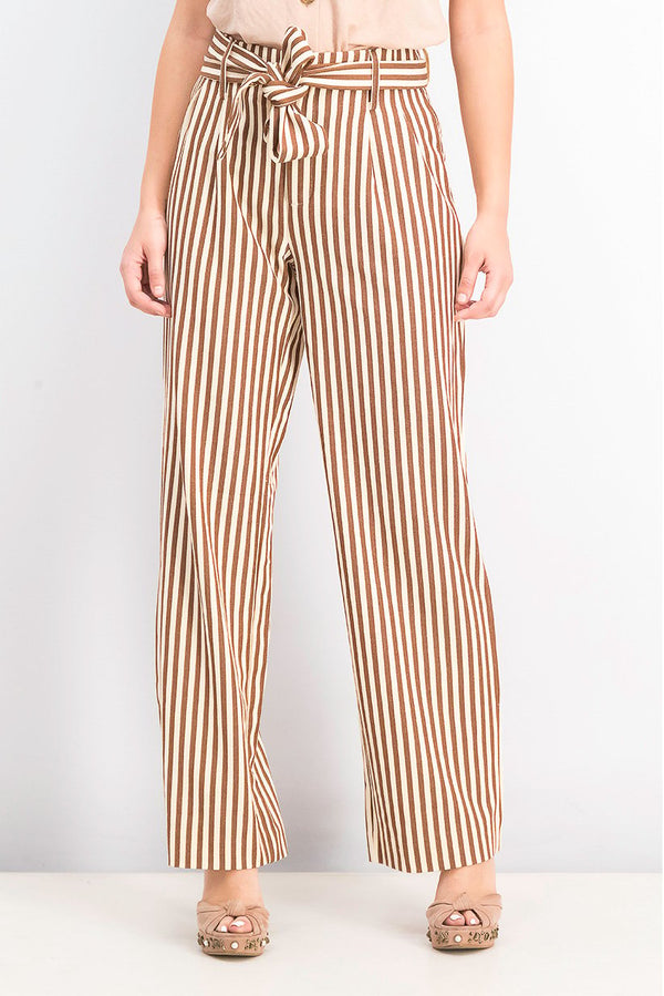 Mango Women Belted Stripe Pants, Brown