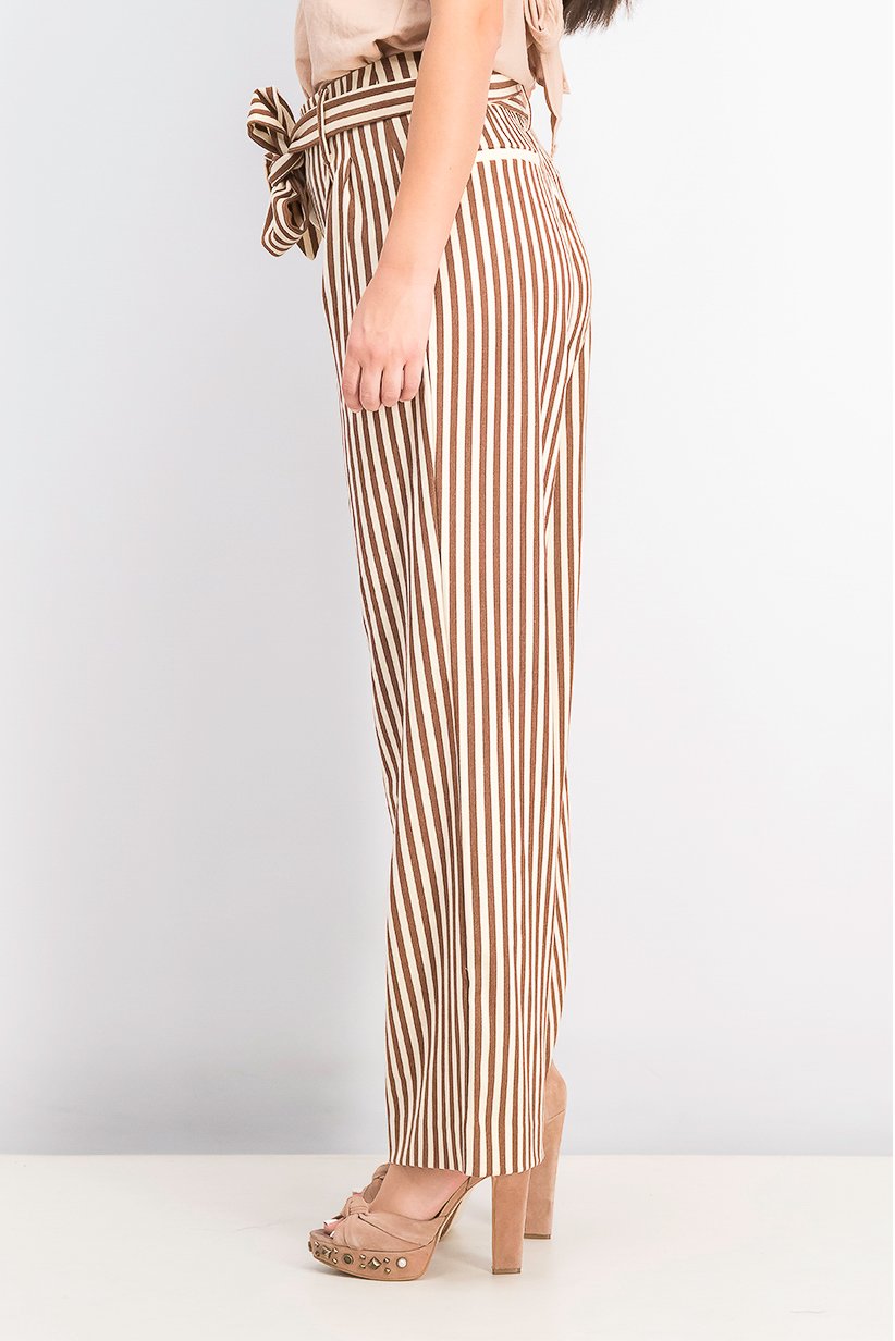 Mango Women Belted Stripe Pants, Brown - Image 4