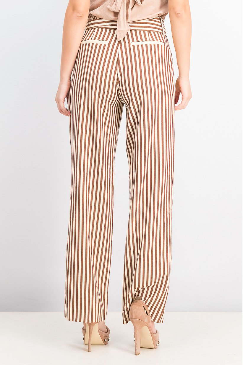 Mango Women Belted Stripe Pants, Brown - Image 2