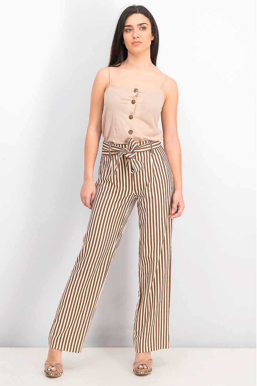Mango Women Belted Stripe Pants, Brown - Image 3