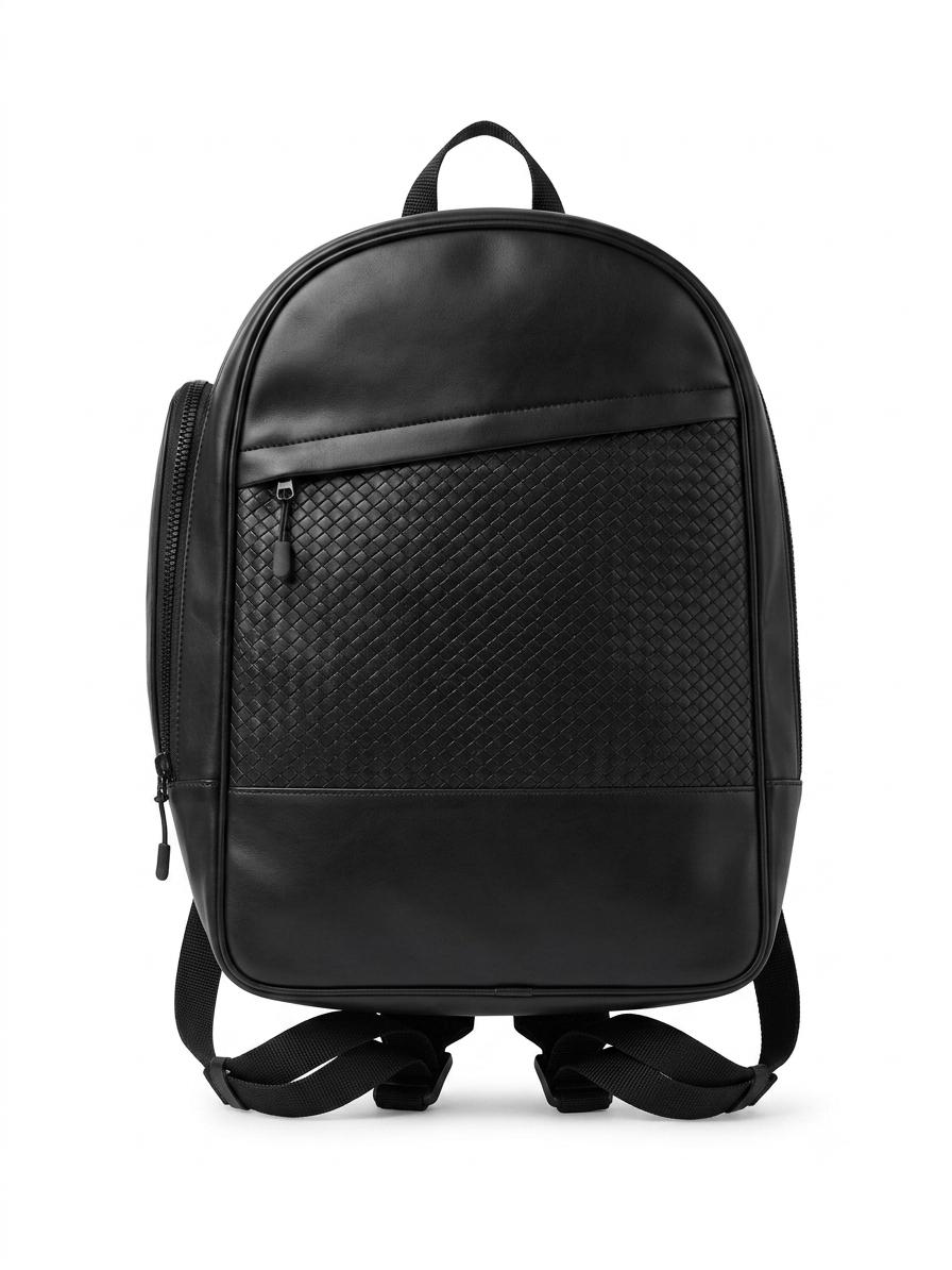 Minimalist Black Faux-Leather Backpack with Woven Texture Front Panel - Image 1