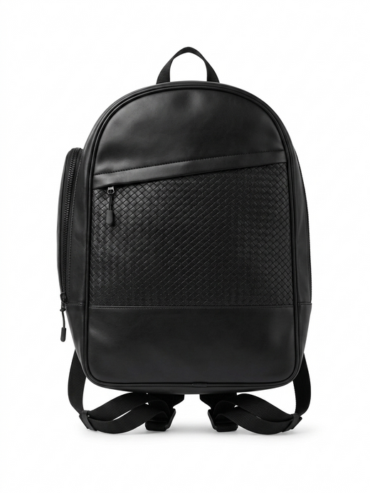 Minimalist Black Faux-Leather Backpack with Woven Texture Front Panel