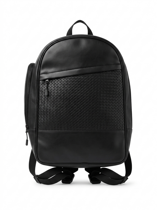Minimalist Black Faux-Leather Backpack with Woven Texture Front Panel