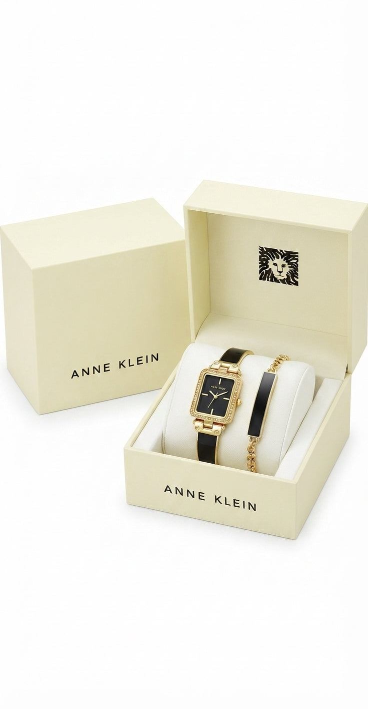 Anne Klein Women’s Gold-Tone and Black Rectangular Watch and Bracelet Set - Image 2