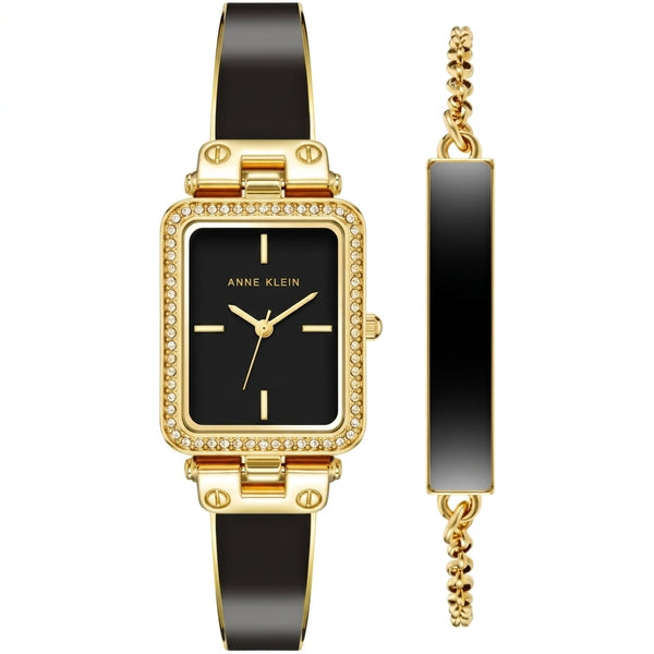 Anne Klein Women’s Gold-Tone and Black Rectangular Watch and Bracelet Set