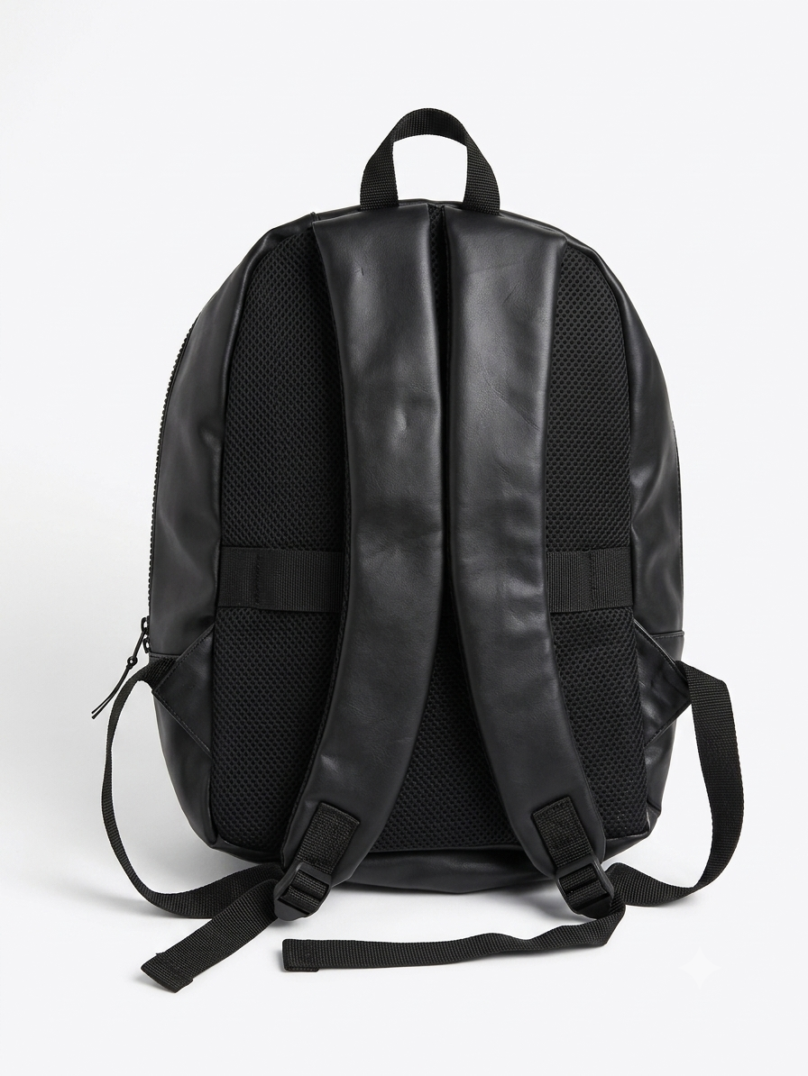 Minimalist Black Faux-Leather Backpack with Woven Texture Front Panel - Image 2