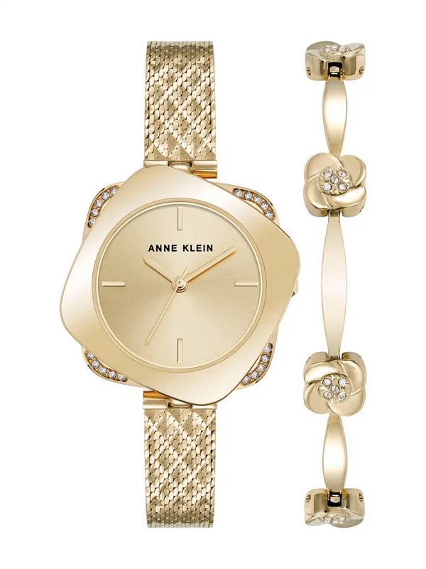 Anne Klein Women’s Gold-Tone Geometric Crystal Watch and Matching Bracelet Set